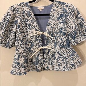 Main Strip Blue & White Floral Tie-Front Embroidered Peplum Top